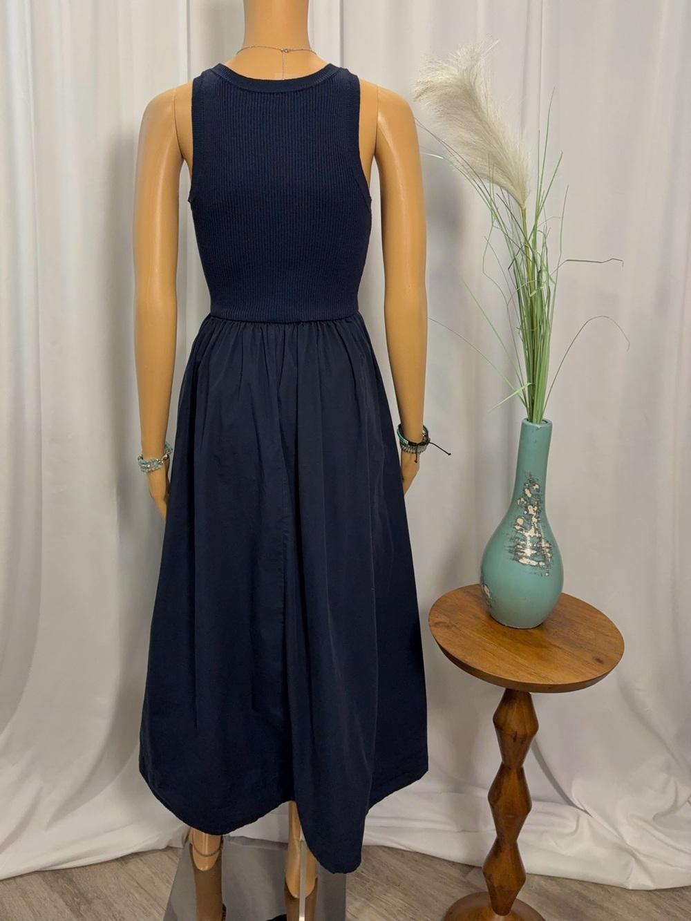 Moon River Mixed Media Knit Ribbed Tank Poplin Midi Dress Navy Blue Small S - Picture 2 of 5